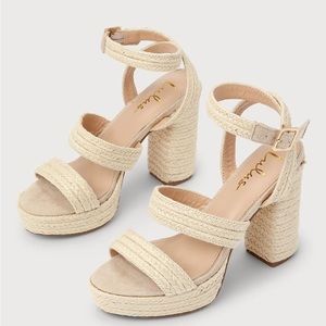 Lulus Morrin Natural Raffia Platform Ankle Strap Sandals - size 8.5